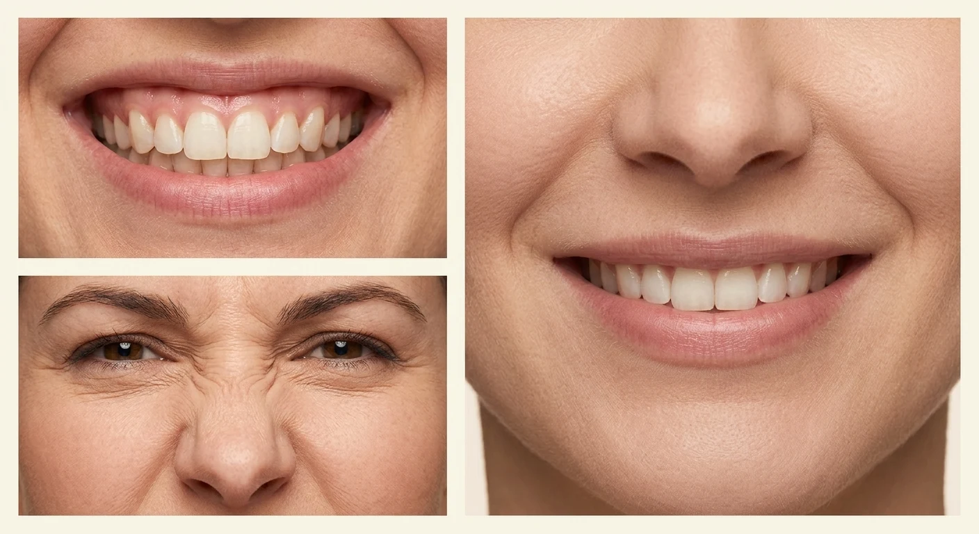 Bildcollage mit sichtbarem Zahnfleisch beim Lächeln, Fältchen beim Naserümpfen und einer lächelnden Mundpartie