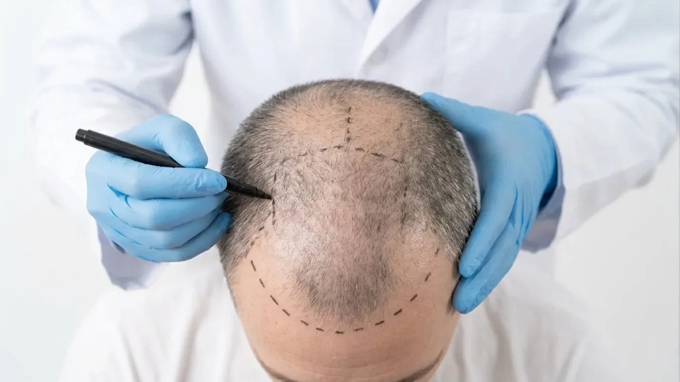 Markierung der Haarlinie und Behandlungsfläche vor einer Haartransplantation